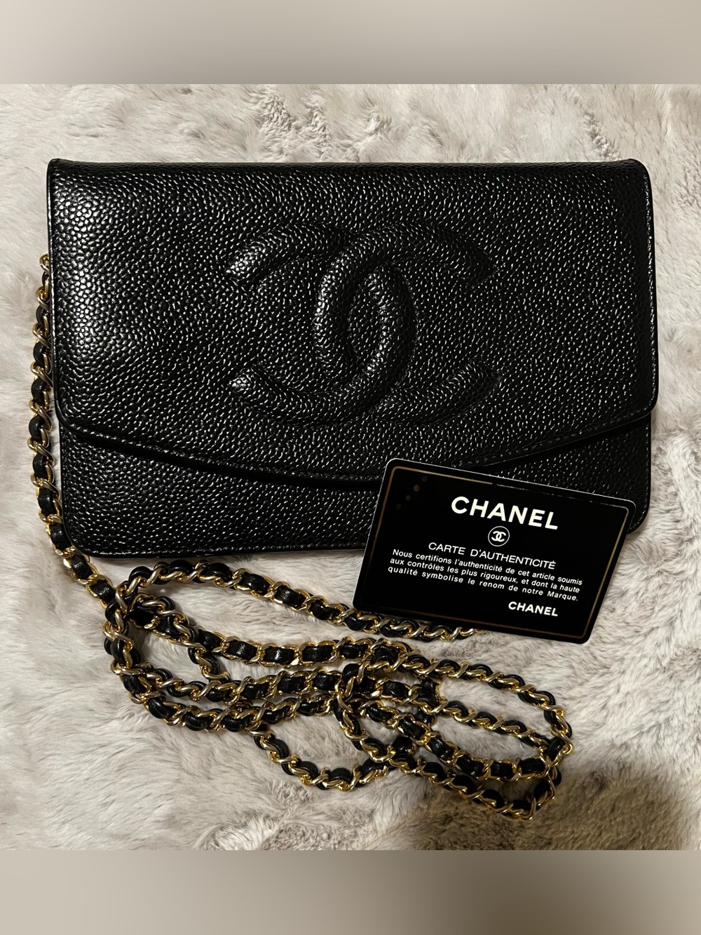 Vintage CHANEL Timeless Black Caviar Leather Wallet on Chain